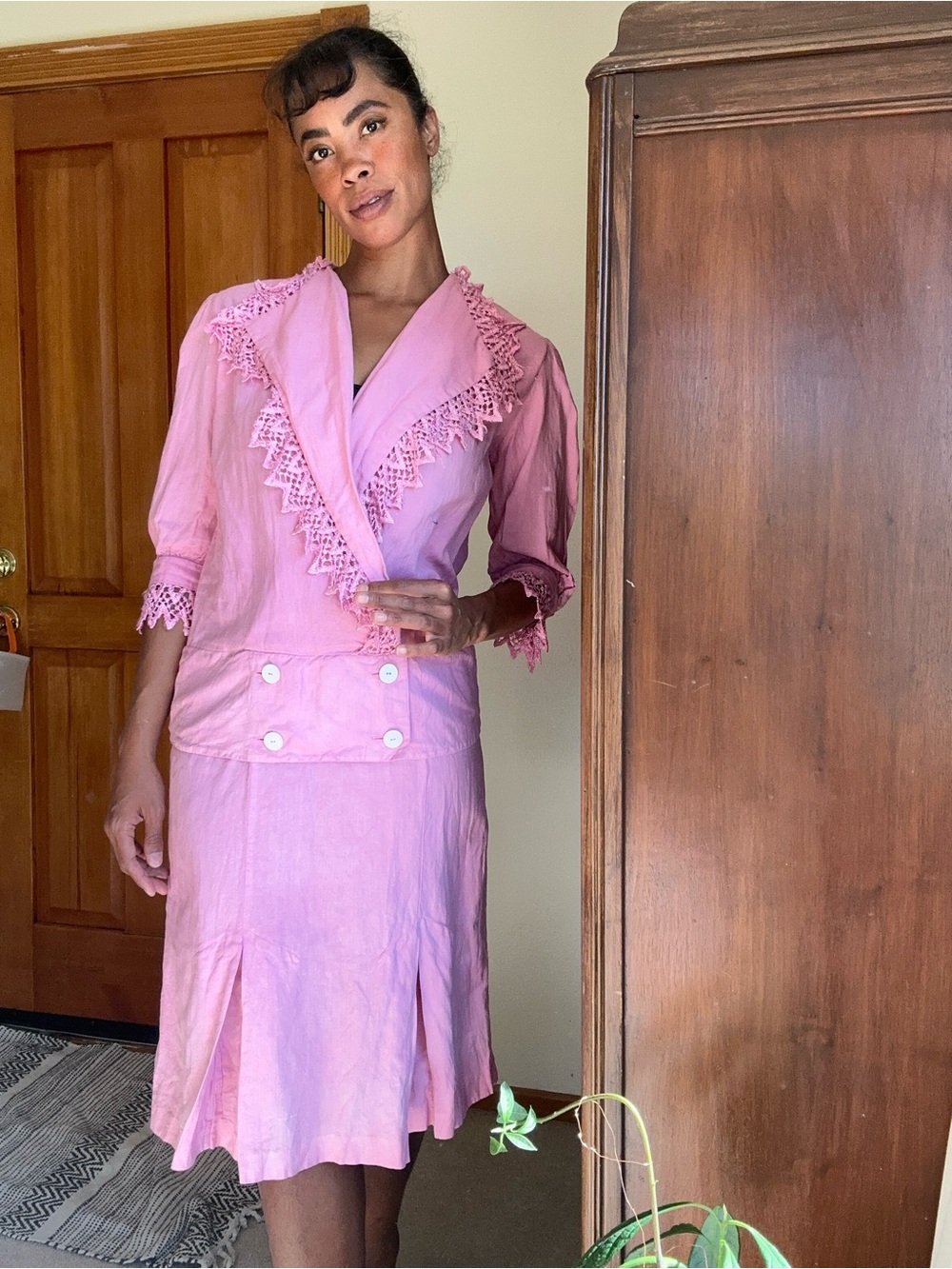 Vintage Pink Lace Trim Two-Piece Skirt Suit